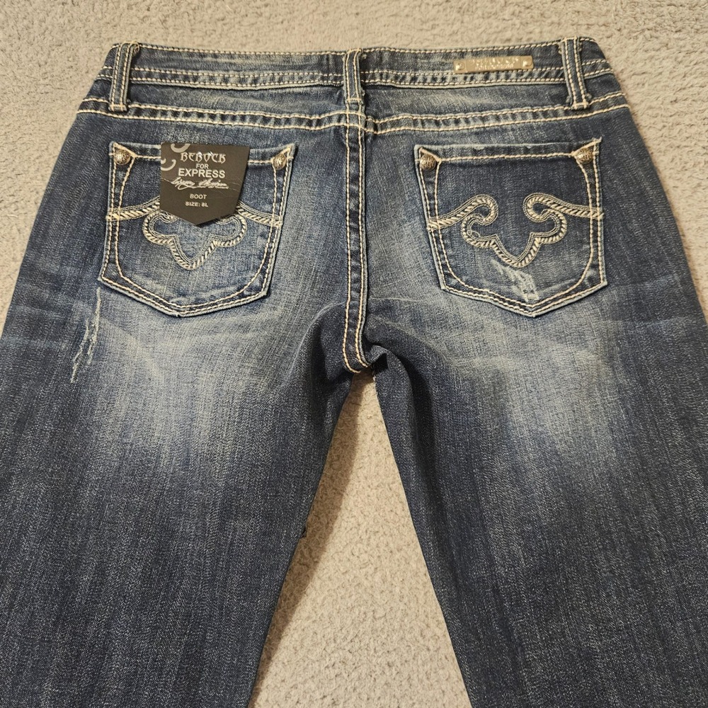 Rerock for Express Womens Bootcut Jeans Dark Wash Embroidered Pocket 8L Long